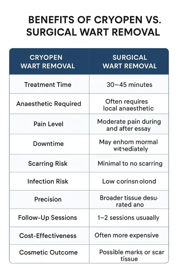 Table showing the benefits of cryopen to remove warts Southend-on-Sea compared to surgical treatment